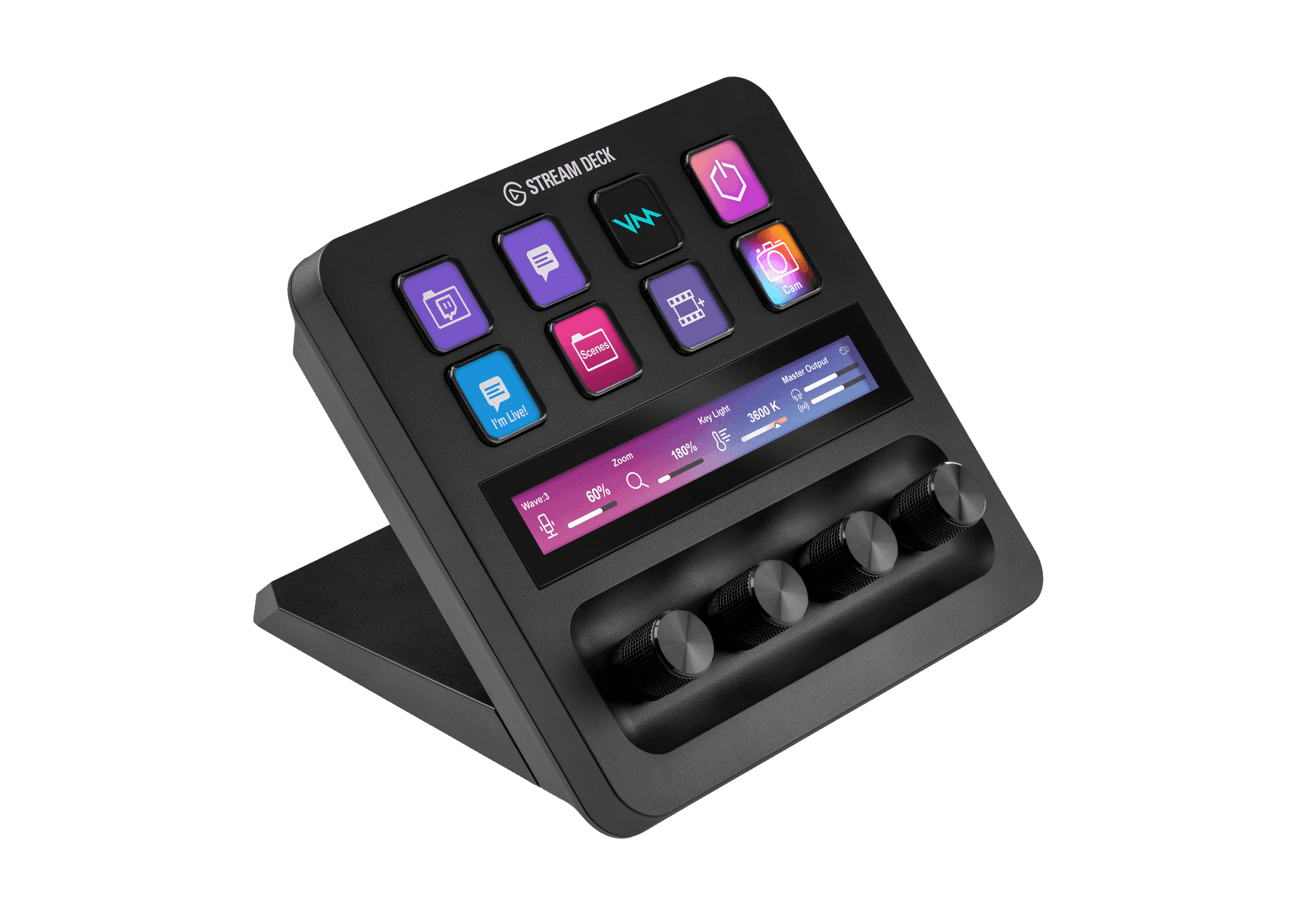 Stream Deck Plus: device with 8-key grid and 4 dials at the bottom.