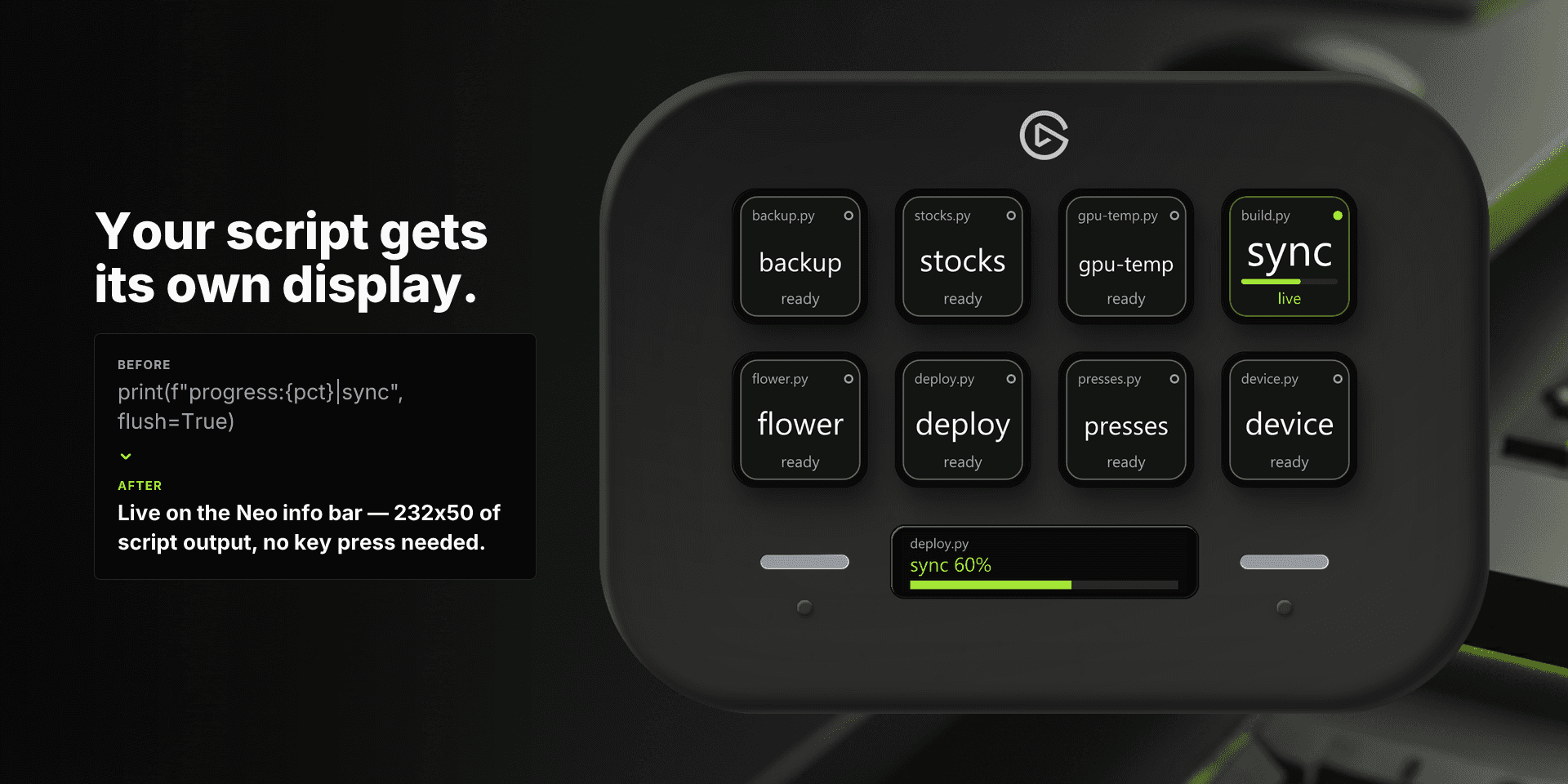 Ein Stream Script streamt Live-Fortschritt auf die Info-Leiste des Stream Deck Neo, ohne Tastendruck