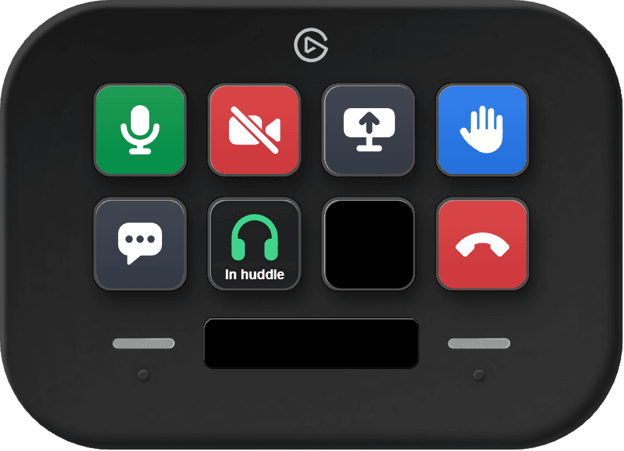 Arise Slack Huddle Control auf einem Stream Deck Neo im Huddle: Mikrofon an, Kamera aus, Hand gehoben, dazu Tasten für Teilen, Thread, Starten und Verlassen.