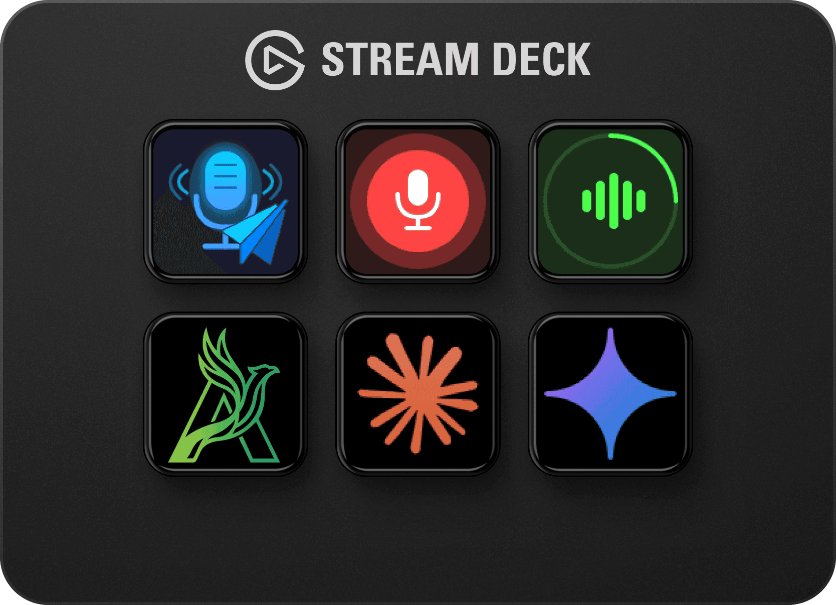 Arise Speech to Text on a Stream Deck key showing recording and processing states.
