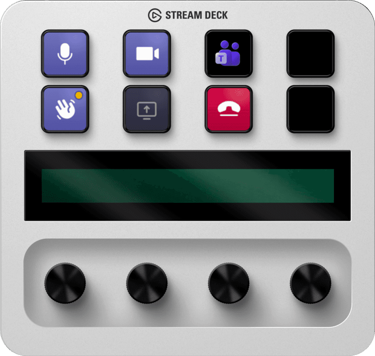 Arise Controller for Teams auf einem Stream Deck mit Stummschalten, Kamera, Handzeigen, Teilen und Verlassen.