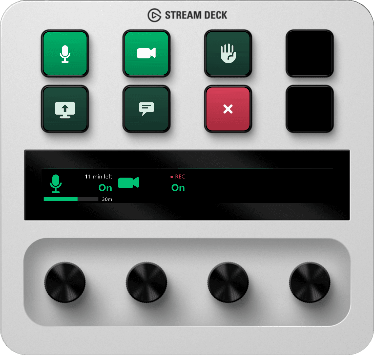 Arise Controller for Webex auf einem Stream Deck + mit Meeting-Tasten und zwei Dials.