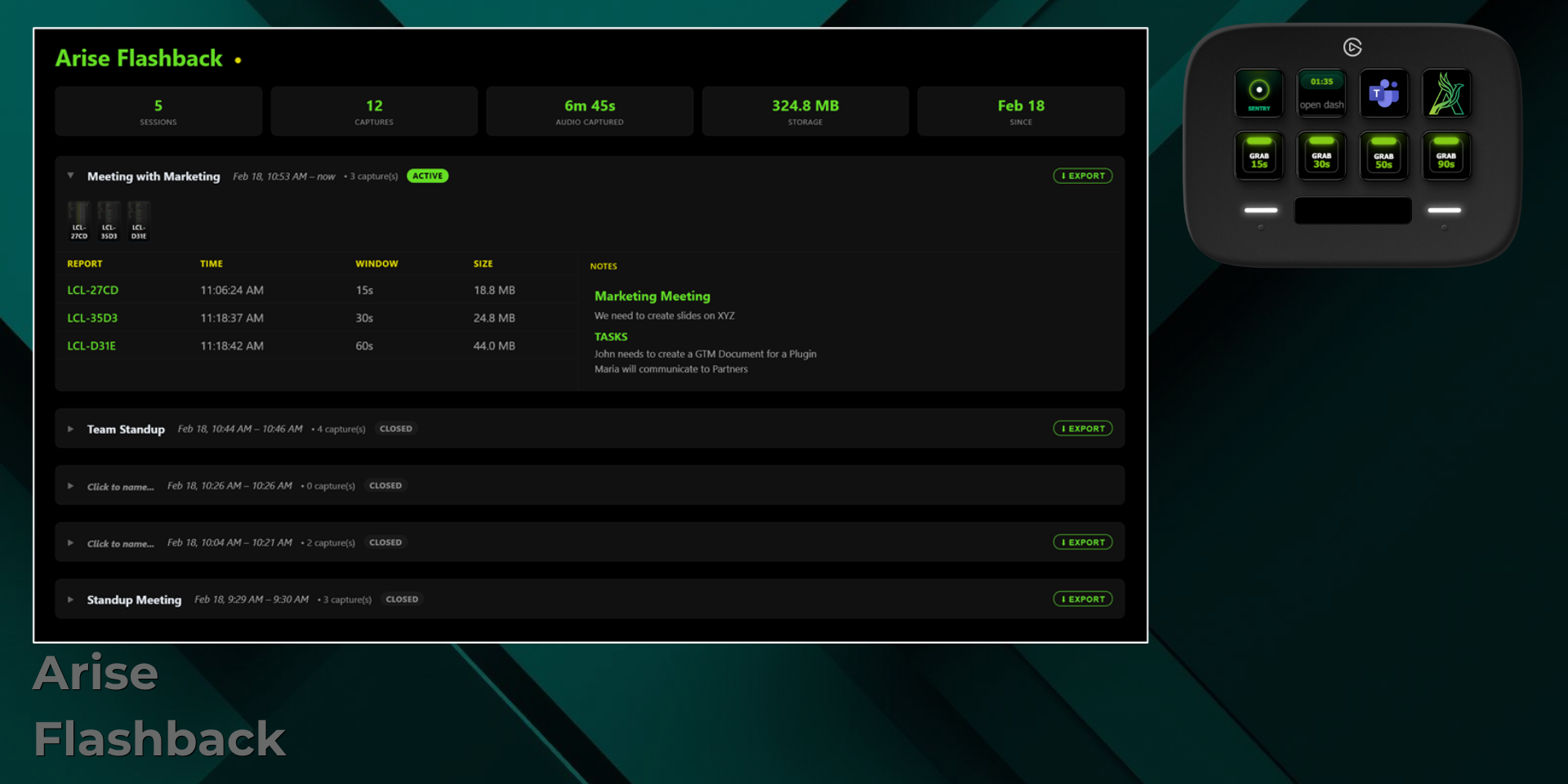 Arise Flashback dashboard — sessions list, captures, export, and notes