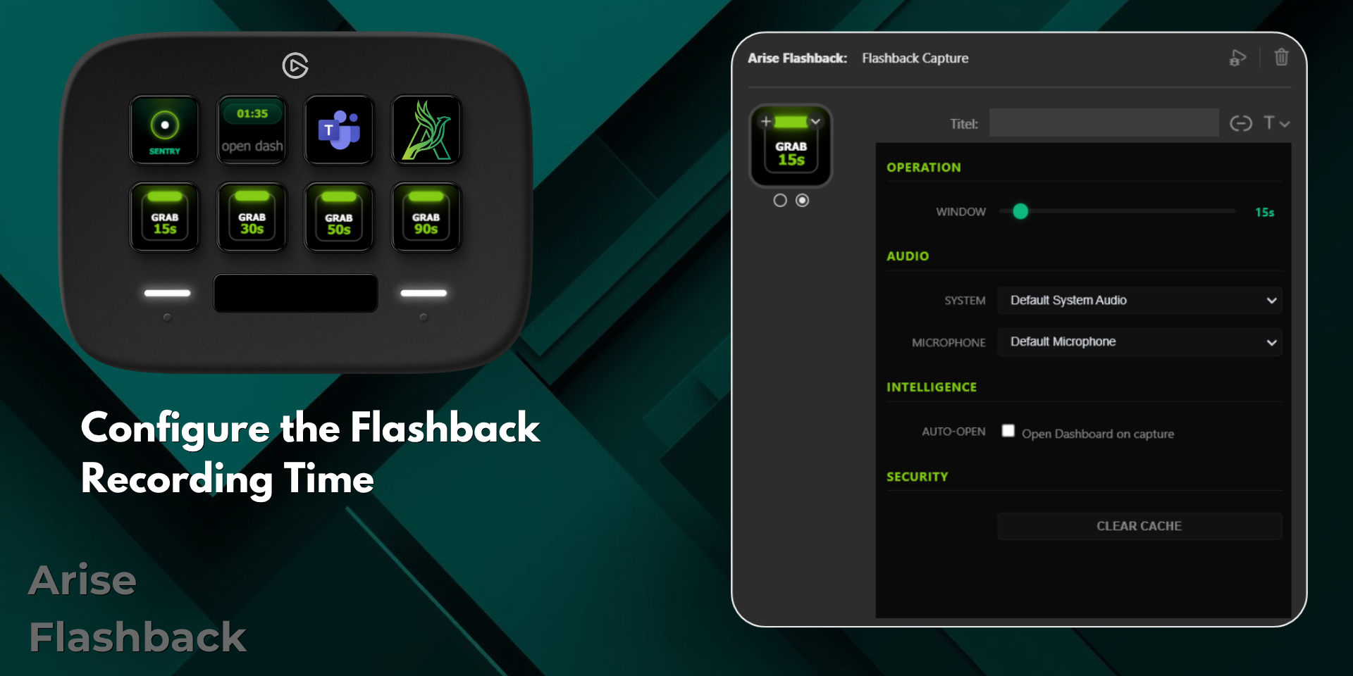 Configure the Flashback Recording Time — property inspector with WINDOW, AUDIO, and INTELLIGENCE settings