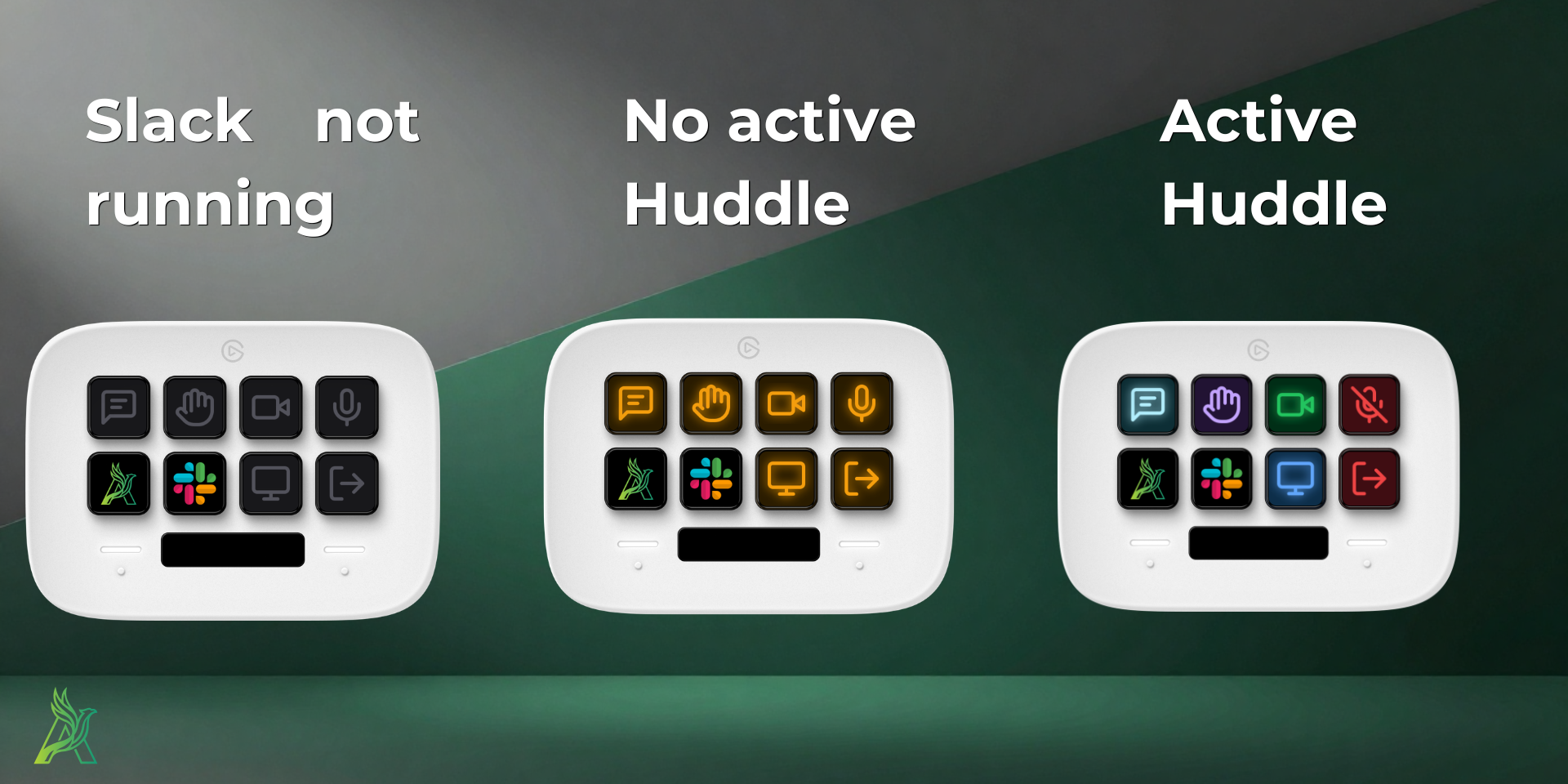 Three visual states showing Slack offline, idle, and active huddle